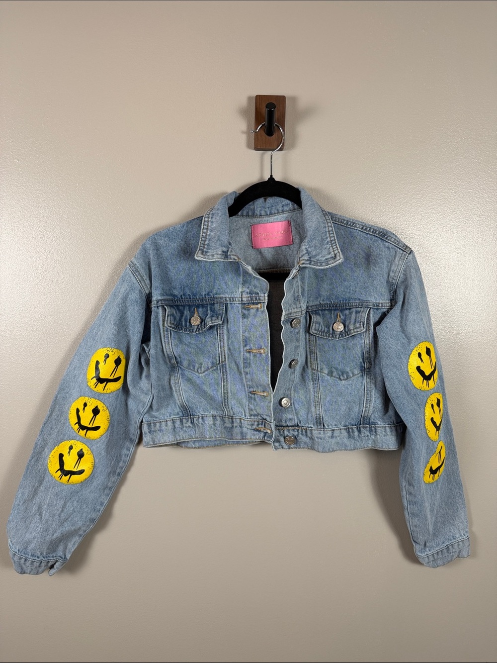 Azalea Wang Light Blue Cropped Denim Jacket with Yellow Smiley Faces